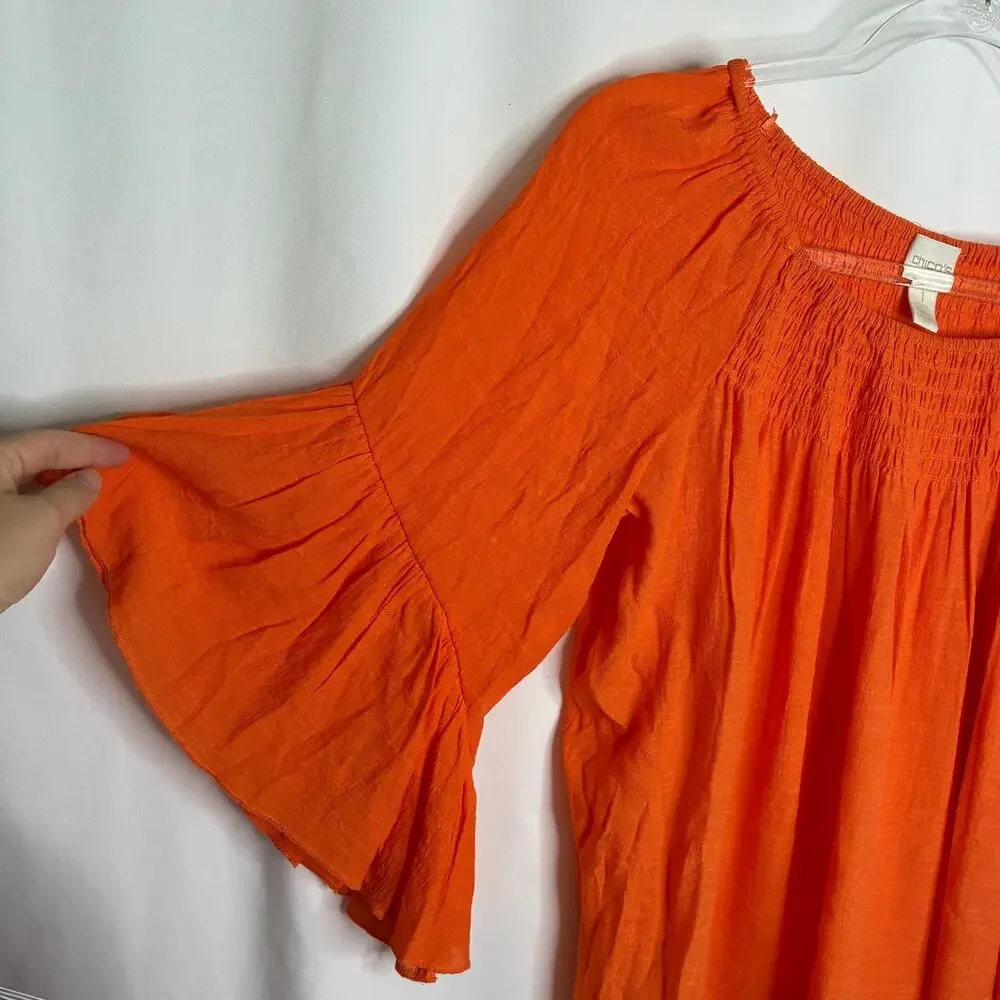 Chico's Bright Orange Bell Sleeve Peasant Blouse Rayon Blend Chicos 1/ US Medium